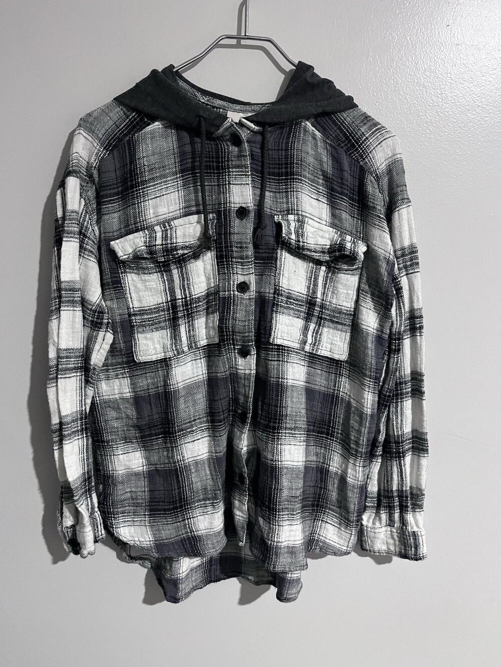 SO Y2K Skater Button-Up Womens S Gray Plaid Tunic Hooded Pockets Flannel Relaxed